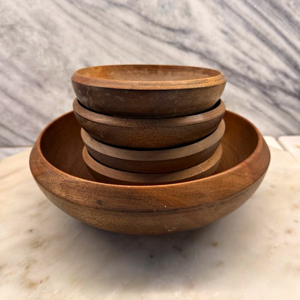 Vintage MCM Set of 5 Brown Solid Round Wooden Bowls w/ 1 Large Serving Bowl